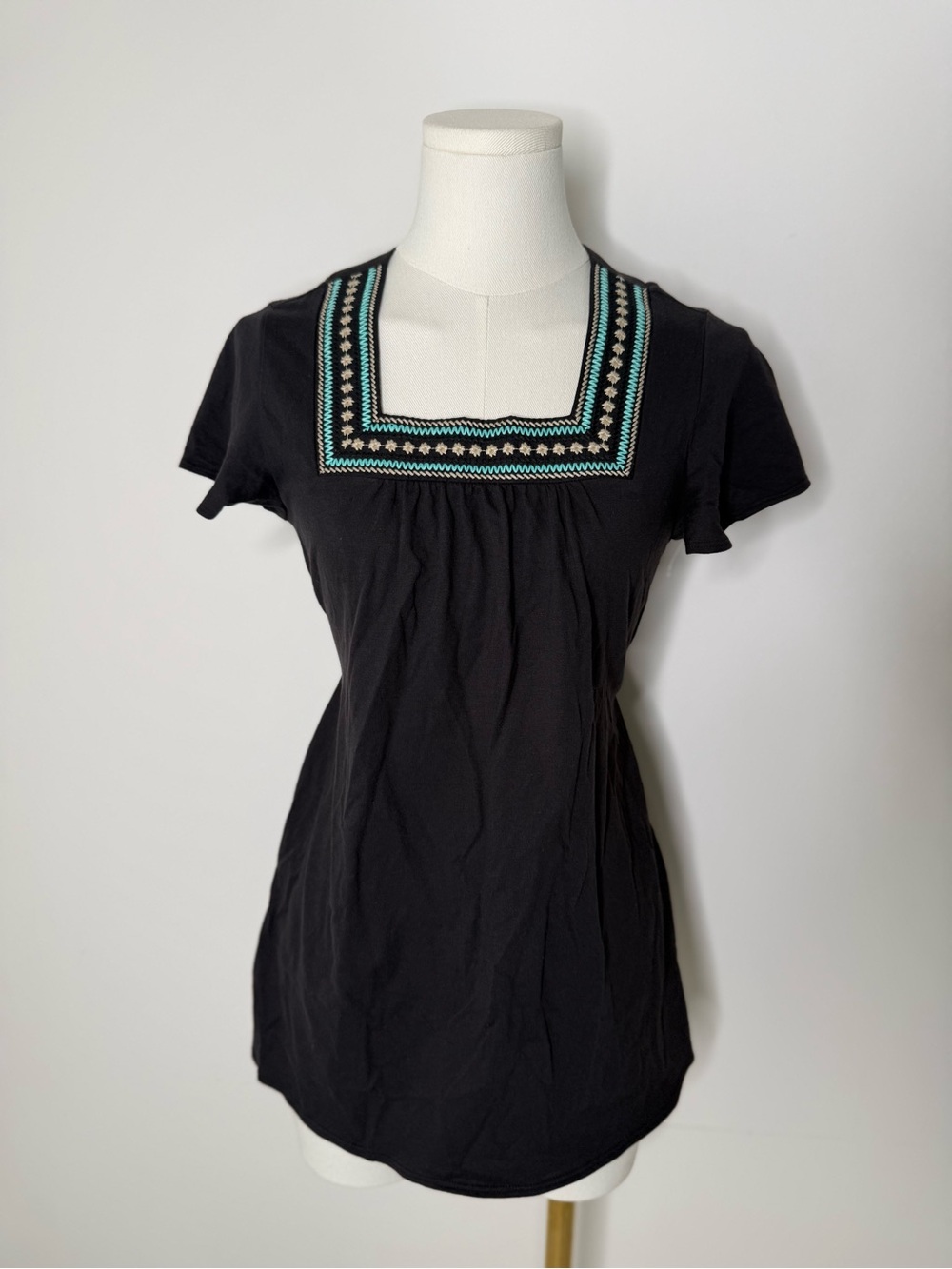 Route 66 Black Square-Neck Embroidered Short Sleeve Top